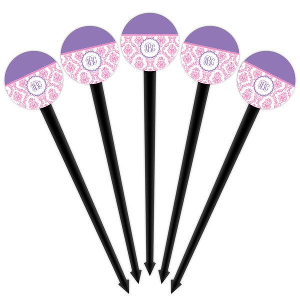 Pink, White & Purple Damask Black Plastic 4" Food Pick - Round - Fan View