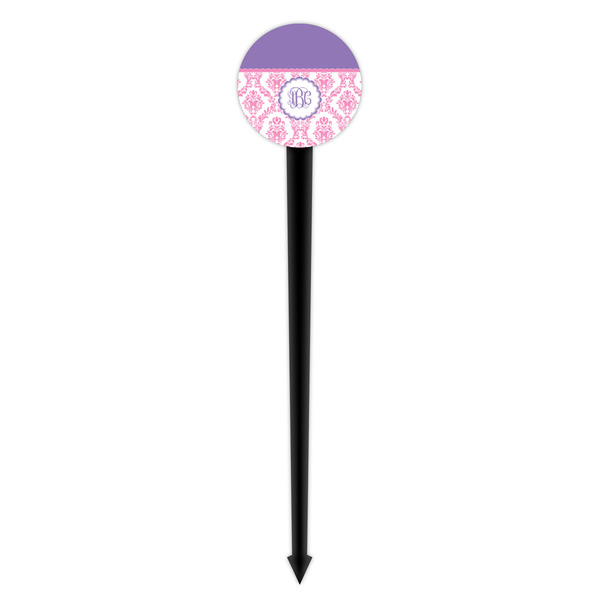 Pink, White & Purple Damask Black Plastic 4" Food Pick - Round - Single Pick