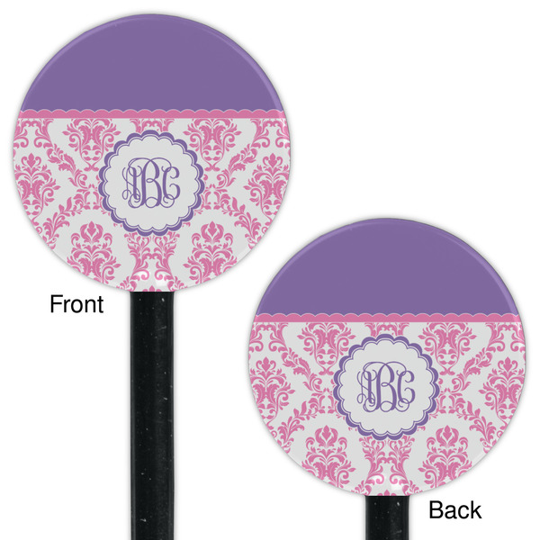 Pink, White & Purple Damask Black Plastic 5.5" Stir Stick - Double Sided - Round - Front & Back