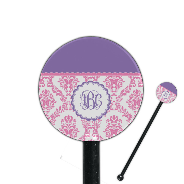 Custom Pink, White & Purple Damask 5.5" Round Plastic Stir Sticks - Black - Single Sided (Personalized)