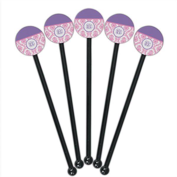 Pink, White & Purple Damask Black Plastic 5.5" Stir Stick - Round - Fan View