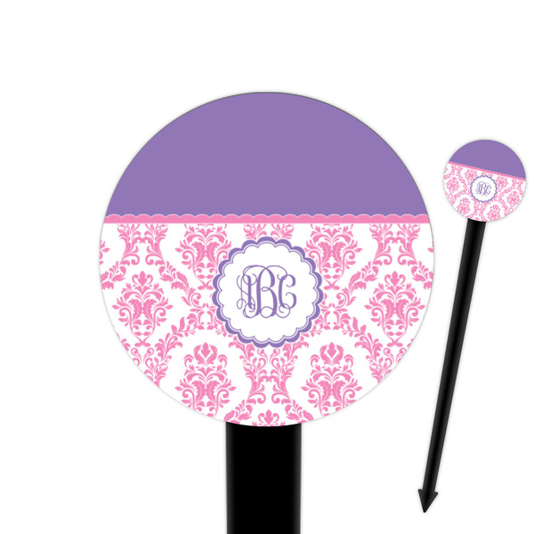 Custom Pink, White & Purple Damask 6" Round Plastic Food Picks - Black - Double Sided (Personalized)