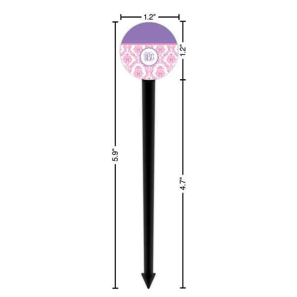 Pink, White & Purple Damask Black Plastic 6" Food Pick - Round - Dimensions