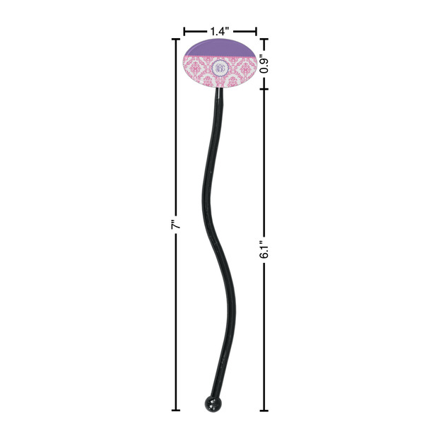 Pink, White & Purple Damask Black Plastic 7" Stir Stick - Oval - Dimensions