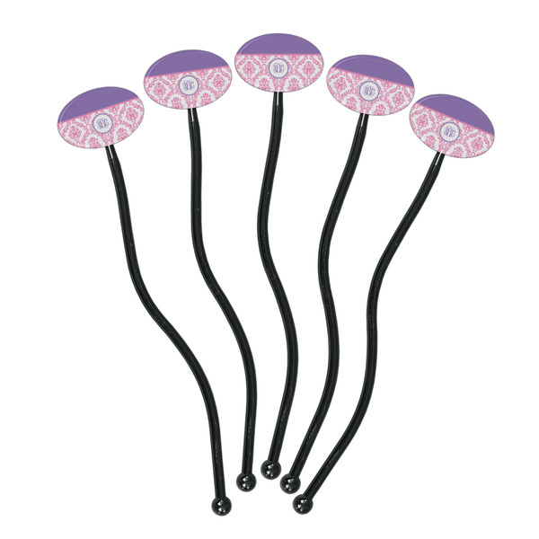 Pink, White & Purple Damask Black Plastic 7" Stir Stick - Oval - Fan