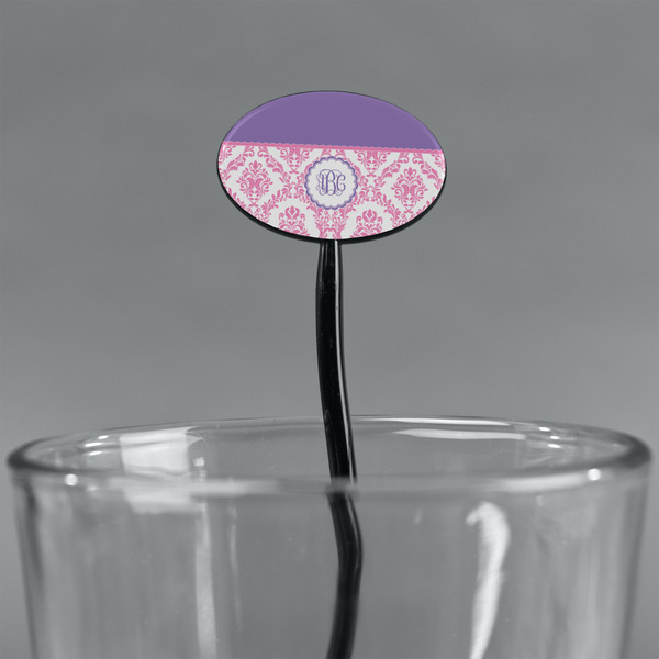 Pink, White & Purple Damask Black Plastic 7" Stir Stick - Oval - Main