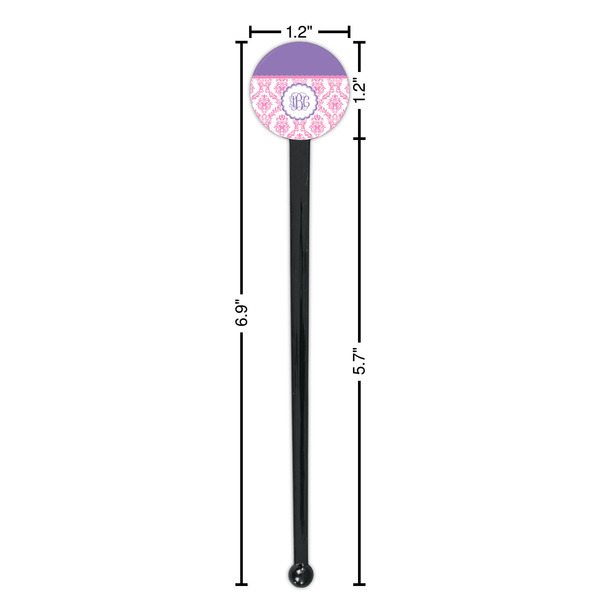 Pink, White & Purple Damask Black Plastic 7" Stir Stick - Round - Dimensions