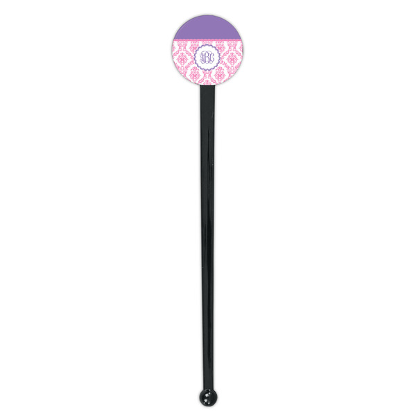 Pink, White & Purple Damask Black Plastic 7" Stir Stick - Round - Single Stick