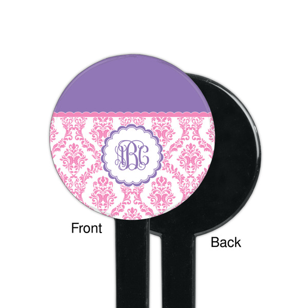 Pink, White & Purple Damask Black Plastic 7" Stir Stick - Single Sided - Round - Front & Back
