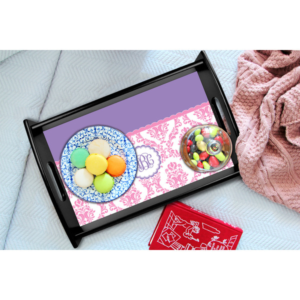 Pink, White & Purple Damask Black Tray - Lifestyle (UPDATED)