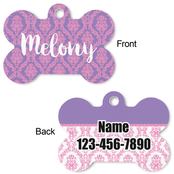 Pink, White & Purple Damask Bone Shaped Dog ID Tag - Large - Approval
