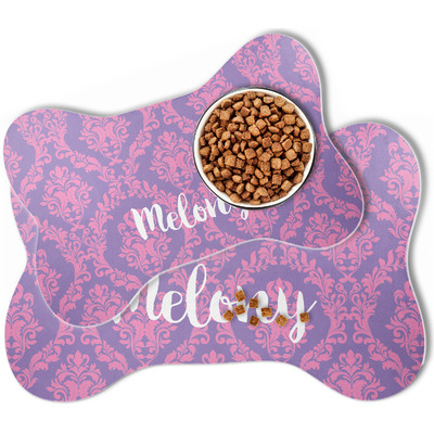 Pink, White & Purple Damask Bone Shaped Dog Food Mat (Personalized)