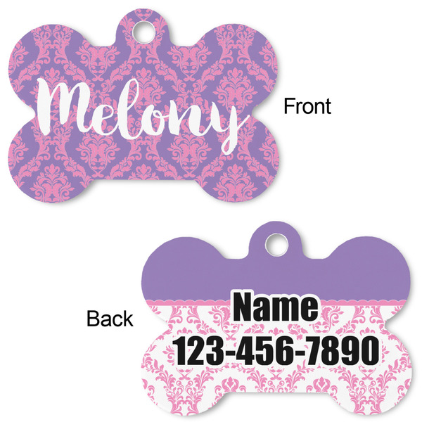 Pink, White & Purple Damask Bone Shaped Dog Tag - Front & Back