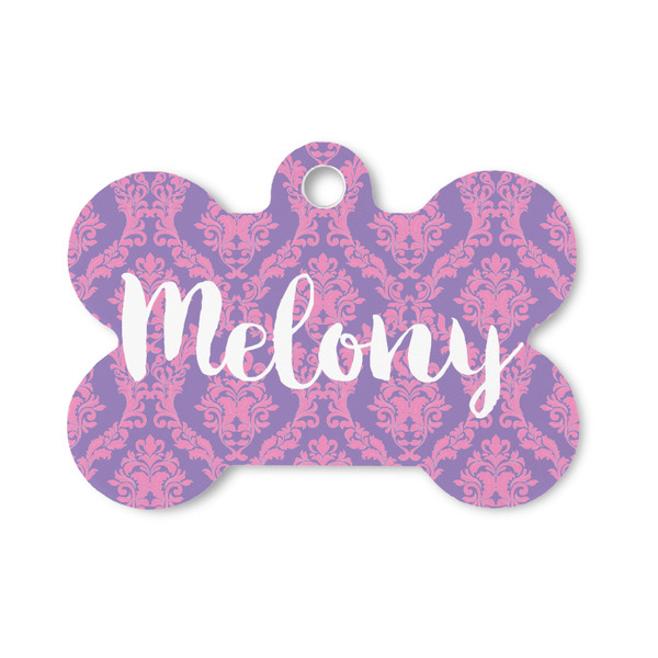 Custom Pink, White & Purple Damask Bone Shaped Dog ID Tag - Small (Personalized)