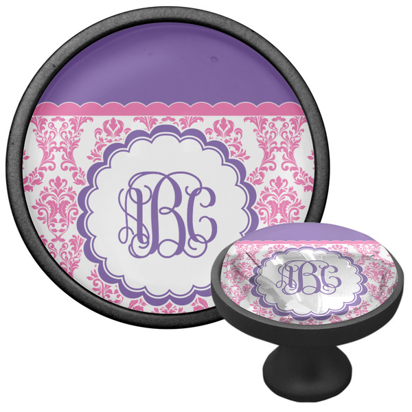Pink, White & Purple Damask Cabinet Knob - Black - Multi Angle