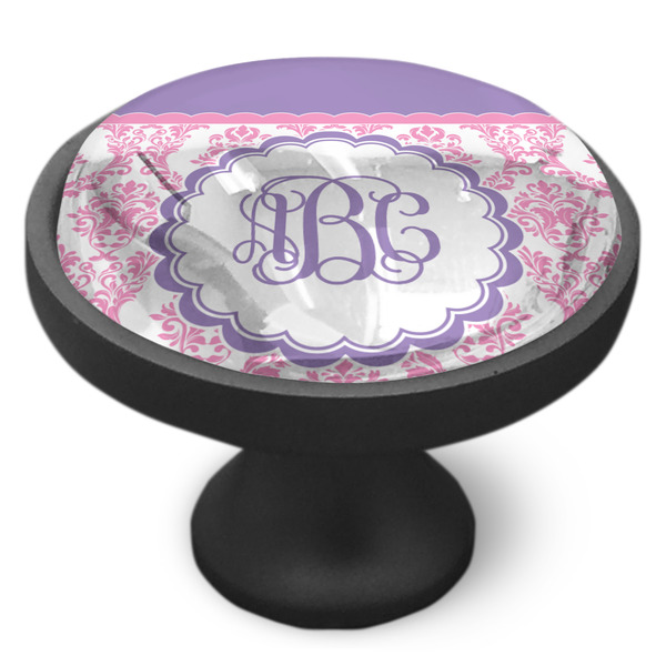 Pink, White & Purple Damask Cabinet Knob - Black - Side