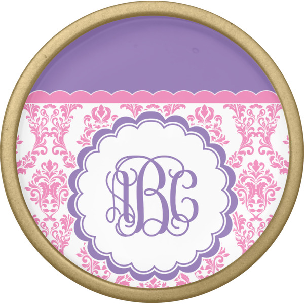 Pink, White & Purple Damask Cabinet Knob - Gold - Front