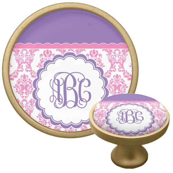 Custom Pink, White & Purple Damask Cabinet Knob - Gold (Personalized)