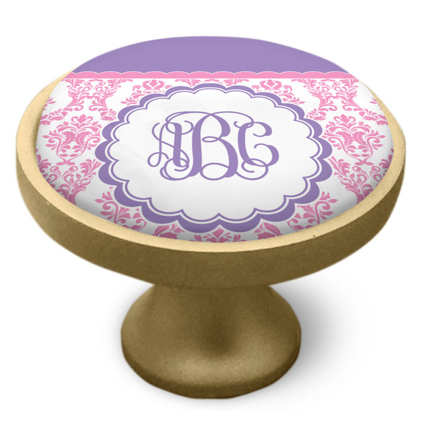 Pink, White & Purple Damask Cabinet Knob - Gold - Side