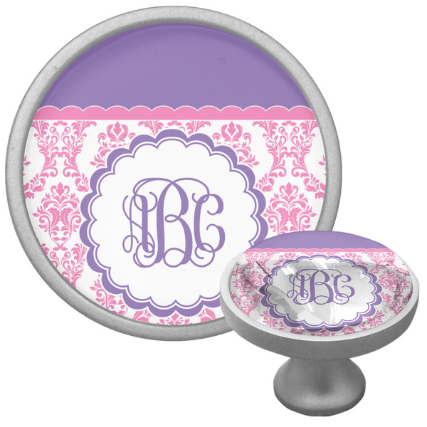 Custom Pink, White & Purple Damask Cabinet Knob (Silver) (Personalized)