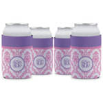 Pink, White & Purple Damask Can Cooler (12 oz) - Set of 4 w/ Monogram