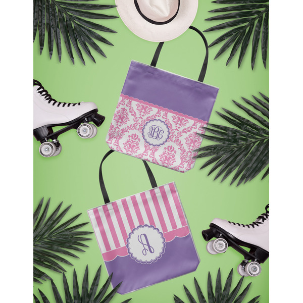 Pink, White & Purple Damask Canvas Tote Lifestyle Front and Back- 13x13