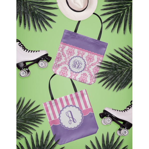 Pink, White & Purple Damask Canvas Tote Lifestyle Front and Back