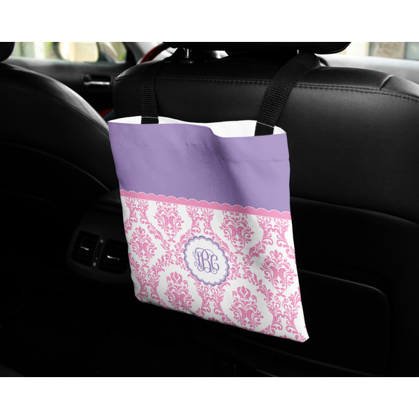 Pink, White & Purple Damask Car Bag - In Use
