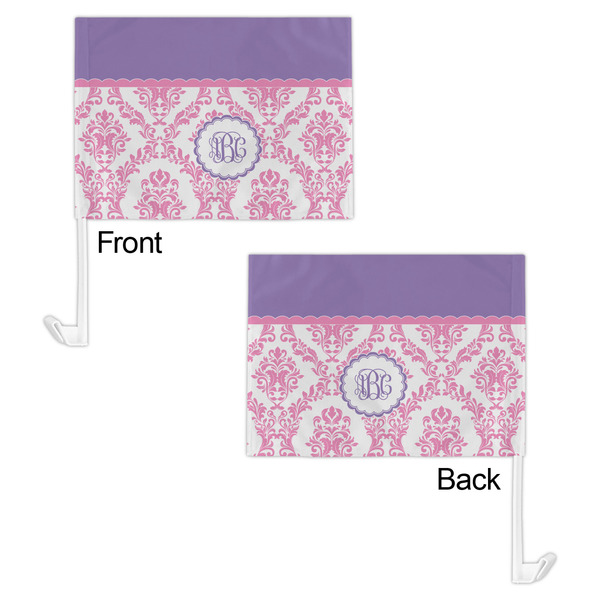 Pink, White & Purple Damask Car Flag - 11" x 8" - Front & Back View