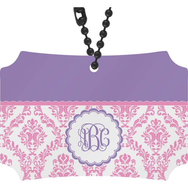 Custom Pink, White & Purple Damask Rear View Mirror Ornament (Personalized)