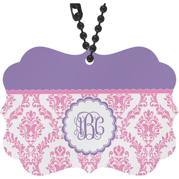 Custom Pink, White & Purple Damask Rear View Mirror Decor (Personalized)