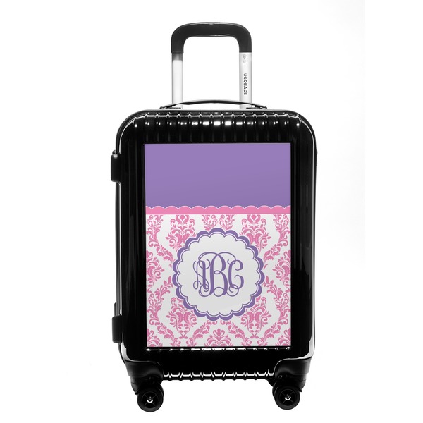 Custom Pink, White & Purple Damask Carry On Hard Shell Suitcase (Personalized)
