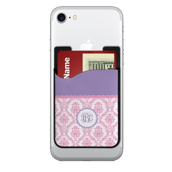 Custom Pink, White & Purple Damask 2-in-1 Cell Phone Credit Card Holder & Screen Cleaner (Personalized)