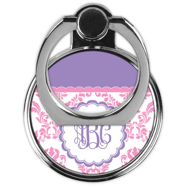 Pink, White & Purple Damask Cell Phone Ring Stand & Holder - Front (Collapsed)
