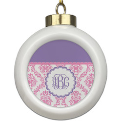 Pink, White & Purple Damask Ceramic Ball Ornament (Personalized)