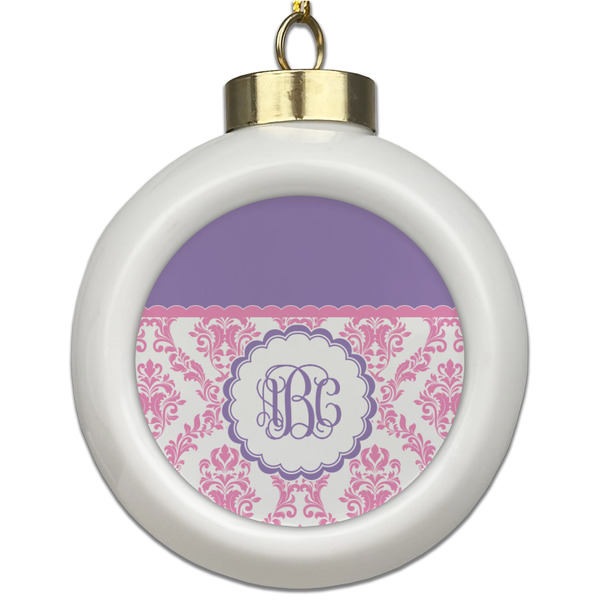 Custom Pink, White & Purple Damask Ceramic Ball Ornament (Personalized)