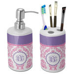 Pink, White & Purple Damask Ceramic Bathroom Accessories Set (Personalized)