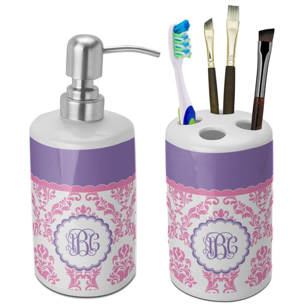 Custom Pink, White & Purple Damask Ceramic Bathroom Accessories Set (Personalized)