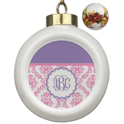 Pink, White & Purple Damask Ceramic Ball Ornaments - Poinsettia Garland (Personalized)