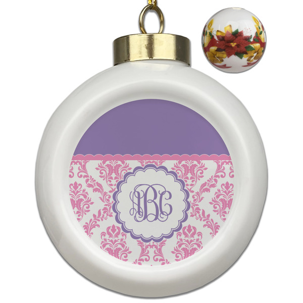 Custom Pink, White & Purple Damask Ceramic Ball Ornaments - Poinsettia Garland (Personalized)