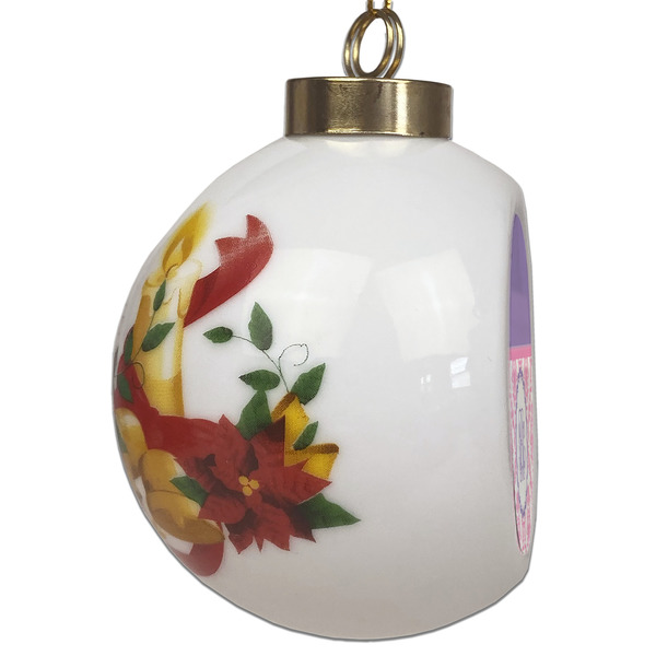 Pink, White & Purple Damask Ceramic Christmas Ornament - Poinsettias (Side View)