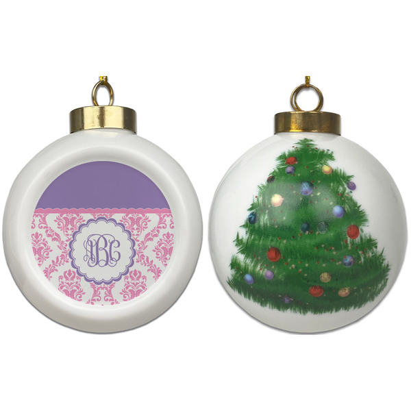 Pink, White & Purple Damask Ceramic Christmas Ornament - X-Mas Tree (APPROVAL)
