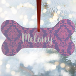 Pink, White & Purple Damask Ceramic Dog Ornament w/ Monograms