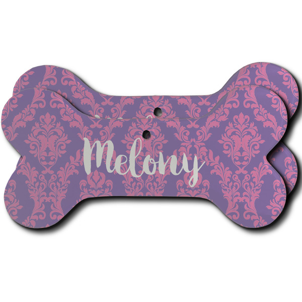 Custom Pink, White & Purple Damask Ceramic Dog Ornament - Front & Back w/ Monogram