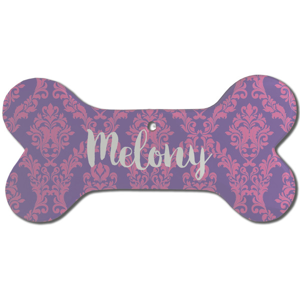 Custom Pink, White & Purple Damask Ceramic Dog Ornament - Front w/ Monogram