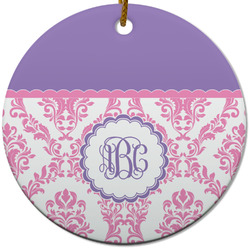 Pink, White & Purple Damask Round Ceramic Ornament w/ Monogram