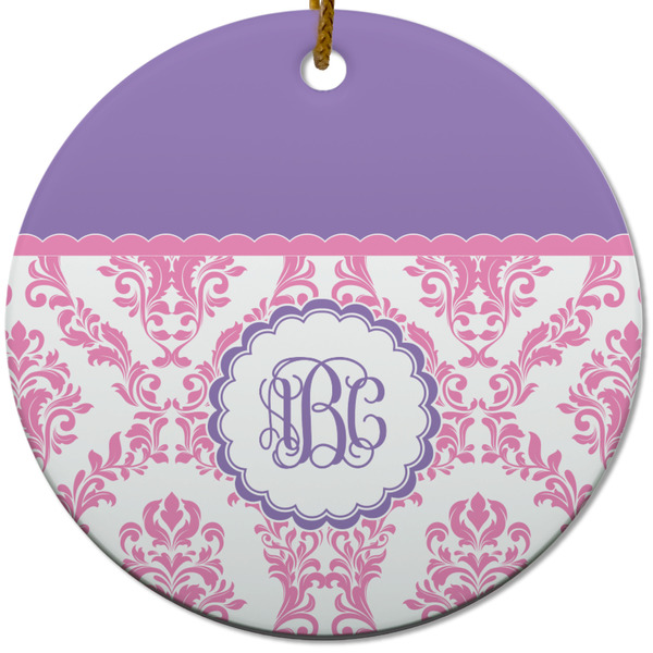 Custom Pink, White & Purple Damask Round Ceramic Ornament w/ Monogram