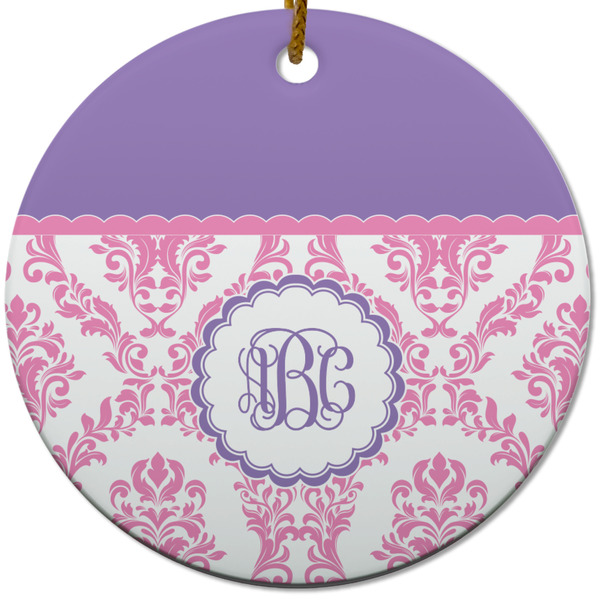 Pink, White & Purple Damask Ceramic Flat Ornament - Circle (Front)