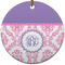 Pink, White & Purple Damask Ceramic Flat Ornament - Circle (Front)