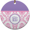 Pink, White & Purple Damask Round Ceramic Ornament w/ Monogram